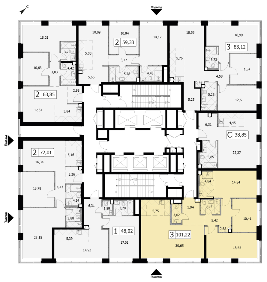 Трехкомнатная квартира 101.2м², 42 этаж, Ван Гог (E1) ЖК «Селигер Сити»