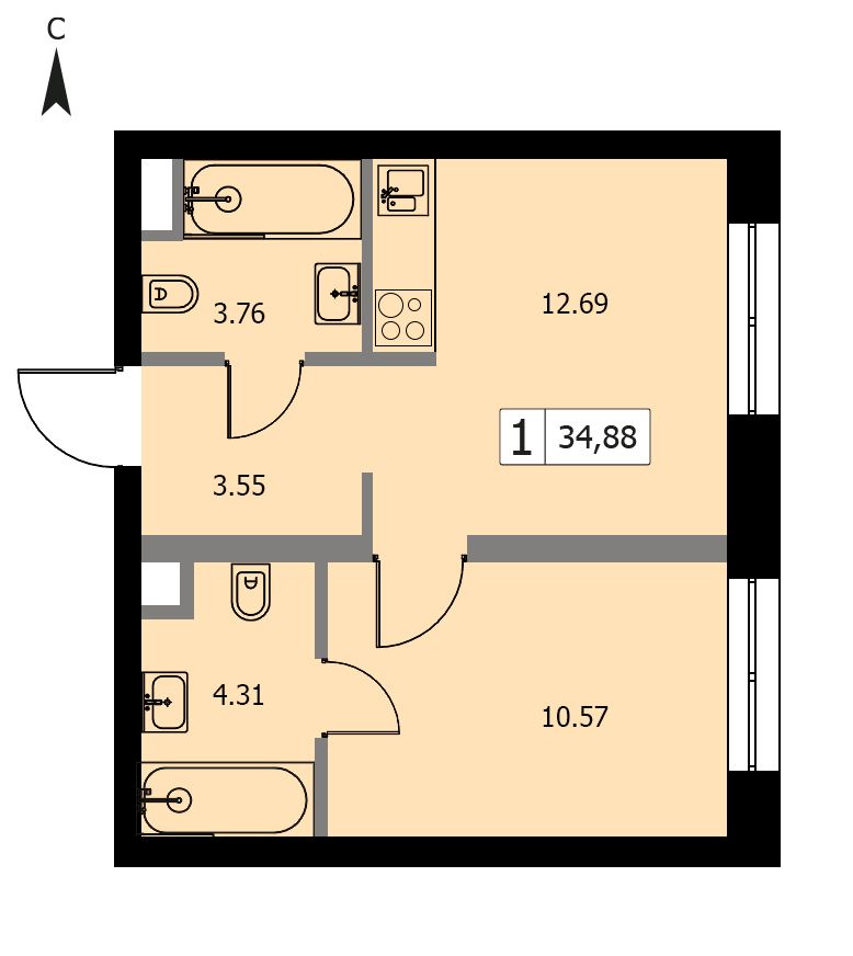 Апарт-комплекс «Nice Loft», 1-комнатный апартамент, 34,88 кв.м.