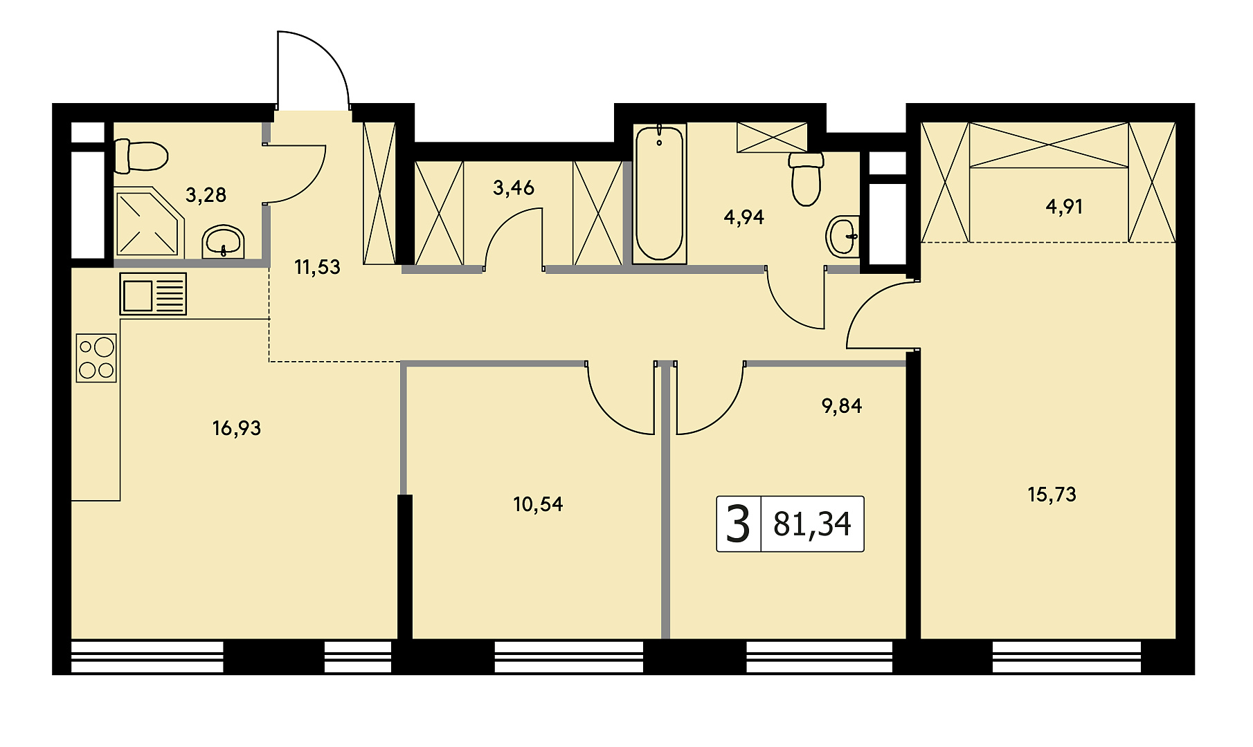 Парковый квартал «Self», 3-комнатная квартира, 81,34 кв.м.