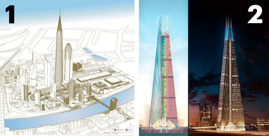 Башня «Россия». 1 — проект Бориса Тхора; 2 — проект Нормана Фостера (Фото: Музей «Москва-Сити»)
